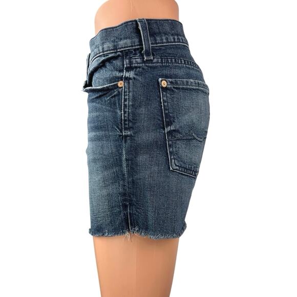 7 For All Mankind Dark Wash Low Rise Frayed Hem Cut Off Denim Jeans Shorts 27 - Picture 2 of 5
